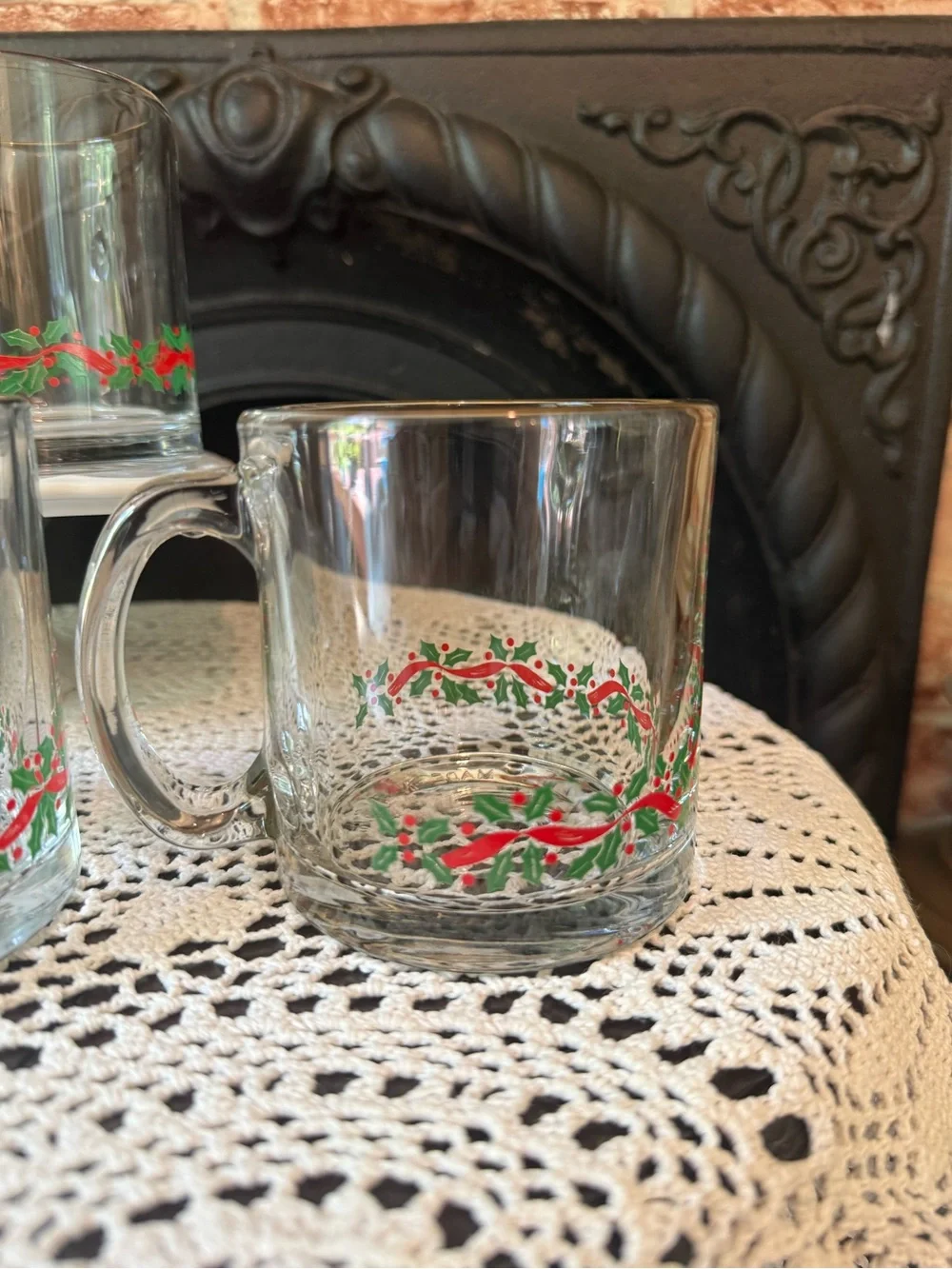 Vtg Libbey Holly Ribbon Christmas Clear Glass Mugs Gold Rim 12 Ounce Set f 4 USA